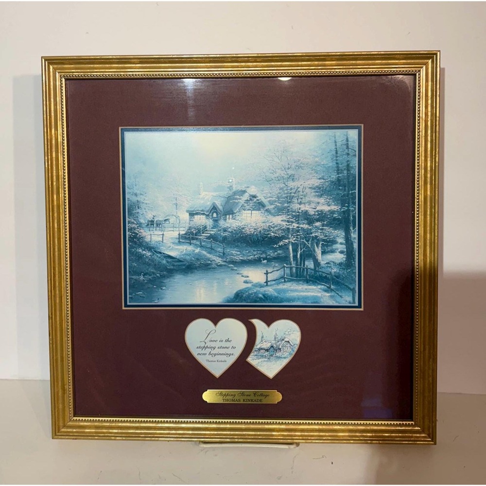 Vintage 1999 Thomas Kinkade Stepping Stone Cottage Print Golden Frame with COA